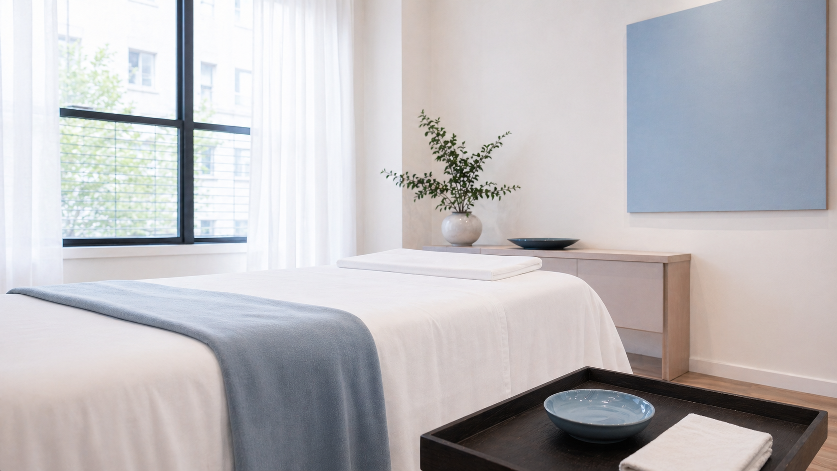 A calm treatment room at Clear Acupuncture & Herbs.
